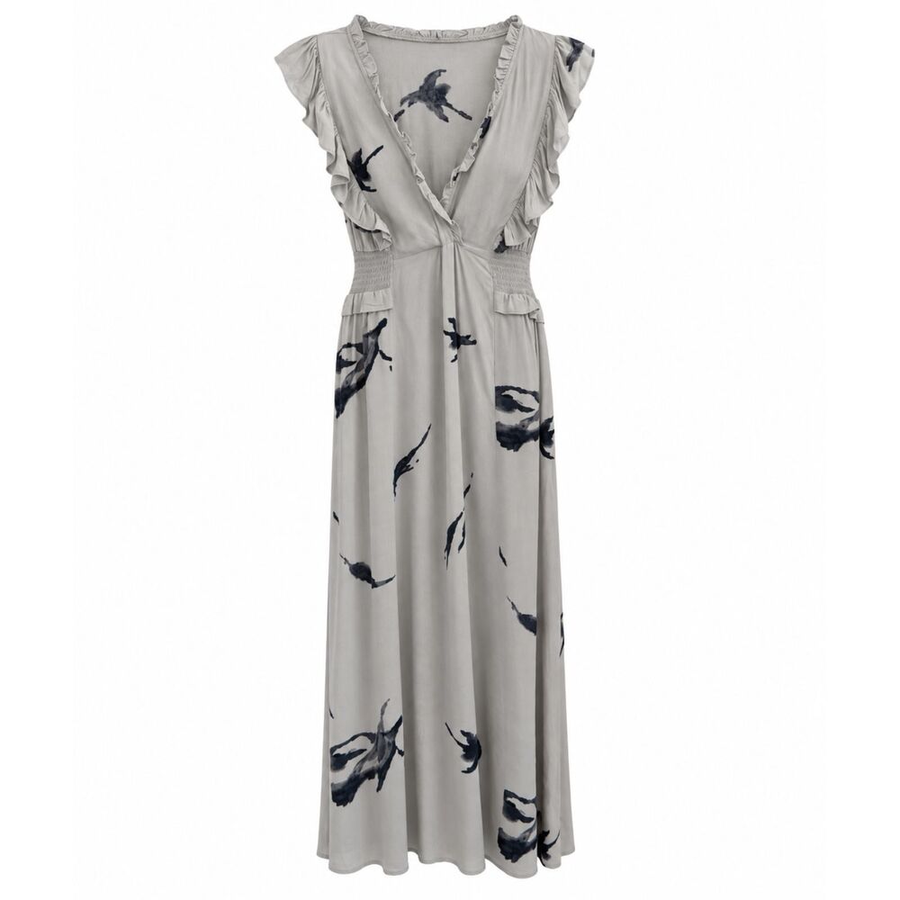 Grade & Gather Ruffle Flutter Sleeve Abstract Midi Dress Womens Sz M Gray Boho